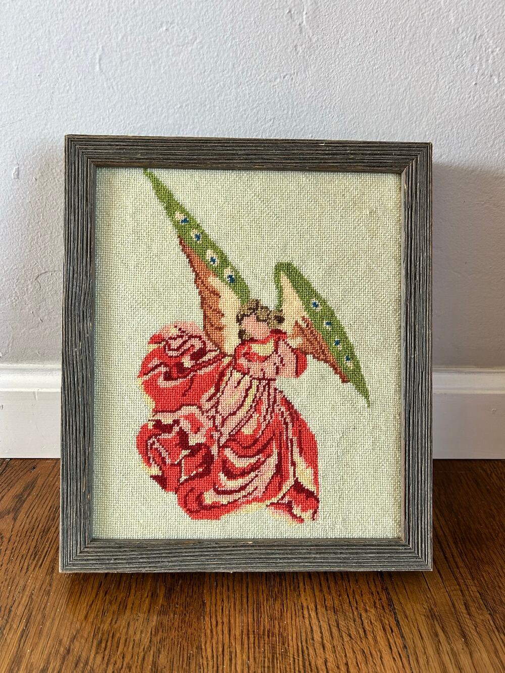 Framed Needlepoint Angel Wall Art, Gray Wood Frame